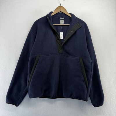 #ad #ad Gap Fleece Sweater Men#x27;s Medium Blue Black Snap 1 2 Half Pullover Pockets NEW $29.83
