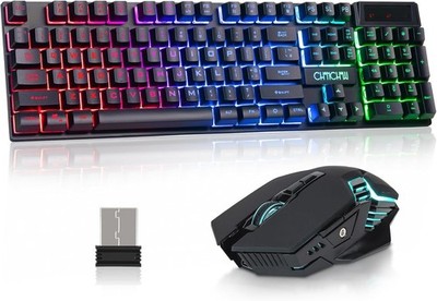 USB Wireless Gaming Keyboard and Mouse Combo, LED Backlit Ergonomic Mechanical F