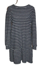 Loft Women's Black White Round Neck Long Sleeve Pullover Striped Dress Size S