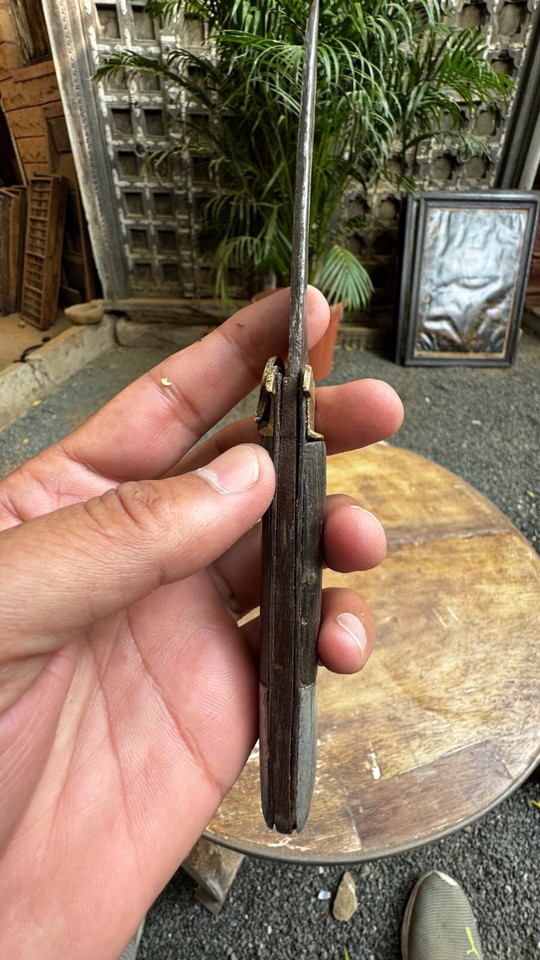 Antique hand forged wooden handle iron blade folding knife locking