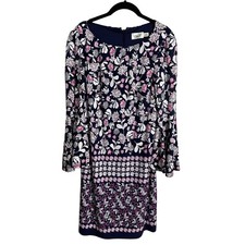 Eliza J Blue Pink White Flora Shift Dress Long Bell Sleeve Size 4 Career Office