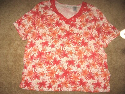 Womens Red Orange Flower WHITE STAG PLUS Short Sleeve Knit Shirt Top 22W / 24W