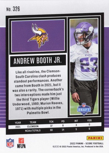 ROOKIE - Andrew Booth, Jr. - 2022 Panini Score #326 - Picture 2 of 2