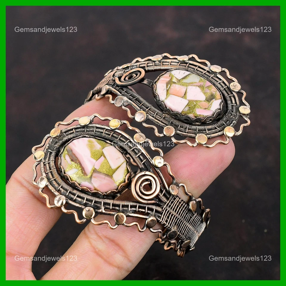 Овальный натуральный медный розовый опал этнический ручной работы богемная проволока обернутый браслет медь - Изображение 4 из 4