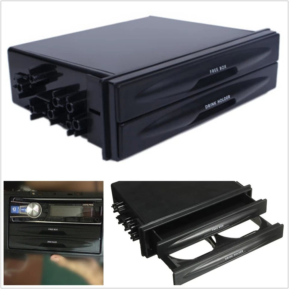 Double Din Dash Drink Cup Holder Radio Pocket Storage Box Plastic Black For Car Foto 2 de 4