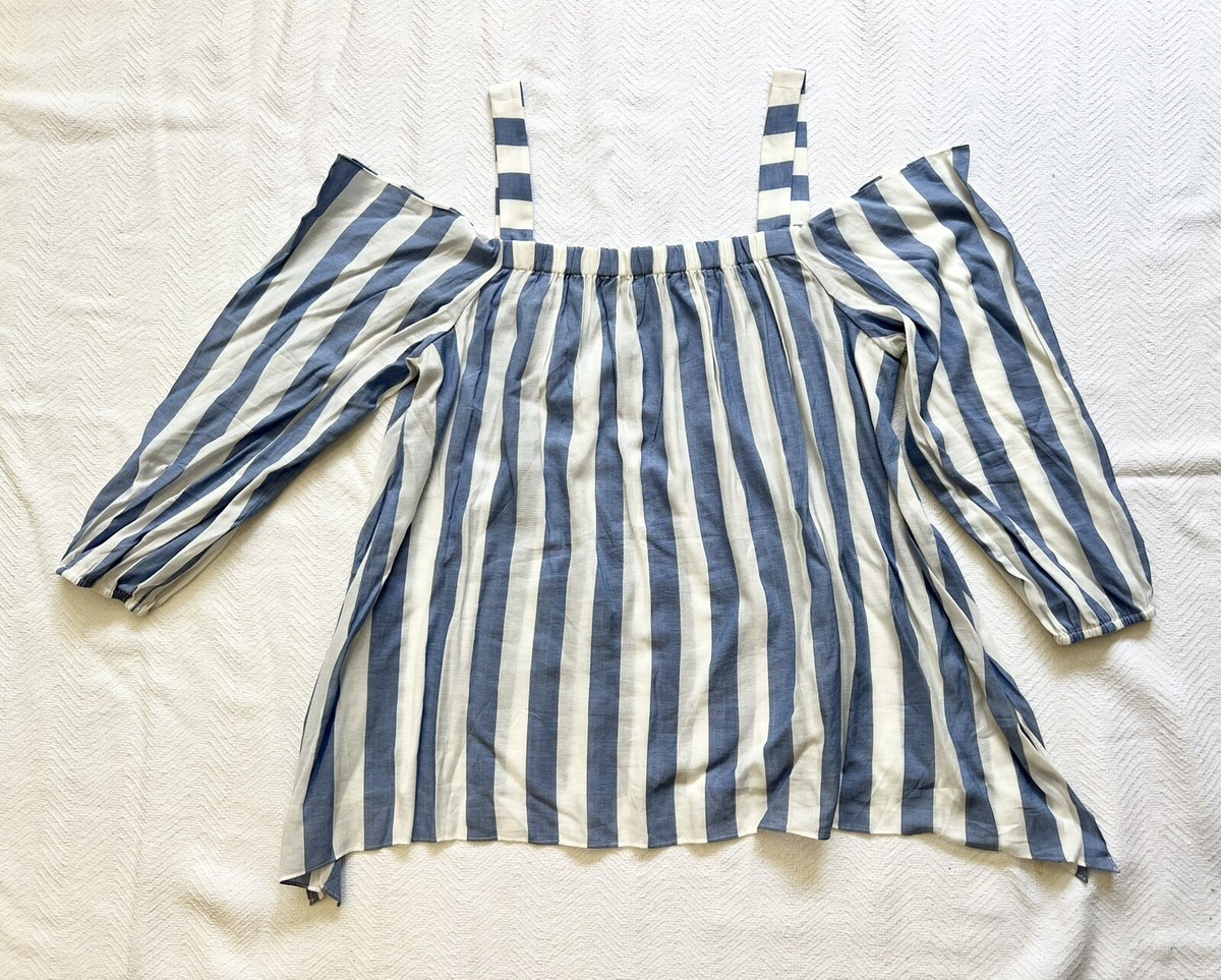 Vince Camuto Blue & White Striped Open Shoulder Top With Balloon