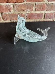 VINTAGE LIGHT BLUE AND CLEAR CRYSTAL GLASS SEAL FIGURINE, 6” TALL X 8” LONG