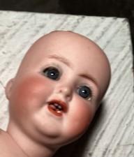 1890s SIGNED 3 1/2 TALL GERMAN BISQUE DOLL HEAD ORIGINAL GLASS EYES NICE body