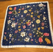Navy Blue Silk Blend Floral Scarf