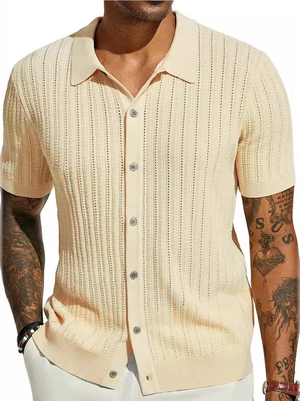 Men’s Textured Knit Polo Shirt Button-Up Summer Short Sleeve Slim Fit Casual