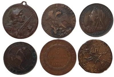 6 x Antique European Copper Coins & Tokens 1711-1916 France Guernsey UK Verdun - Image 1 of 3