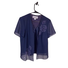 Vintage Another Thyme Purple Beaded Flower Sheer Blouse Women  s 12 Petite