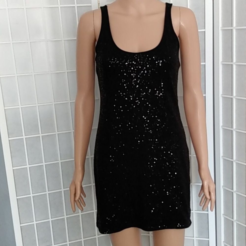 Black sequin mini Express dreamweight cotton dress - image 1