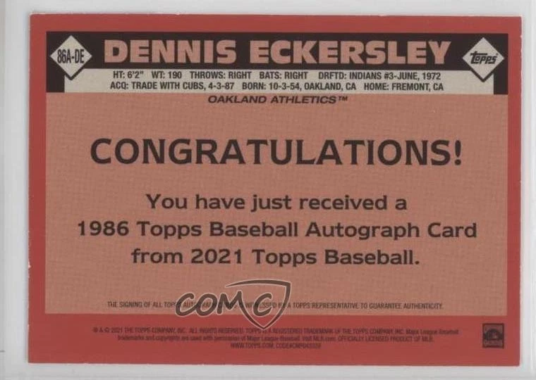 2021 Topps 1986 Topps Baseball Auto Dennis Eckersley #86A-DE Auto HOF - Image 2 of 2
