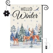 Hello Winter Deer Garden Flag - 12.5 x 18 Inch Double Sided Burlap Christmas ...