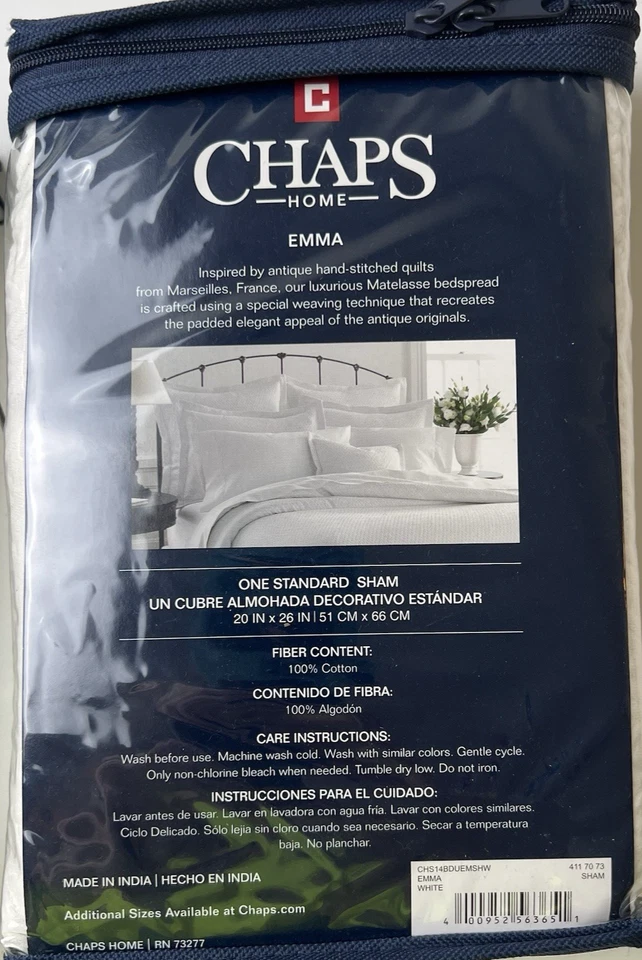 CHAPS Home Standard Pillow Shams 两码:20х 26 英寸全新白色“MATELASSE” — 第 3/4 张图片