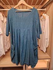 Womens Pure Plus Italian Linen Tunic Dress Blue Lagenlook Pocket UK 16+