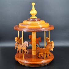 Vintage Carousel Handcrafted Wooden Spinning 4 Horses Wood & Brass 17" Tall