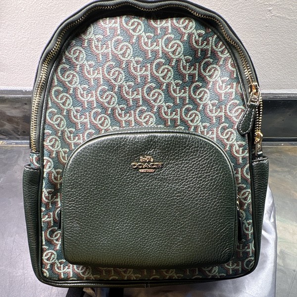 Coach Green Logo Backpack Zip Closure Front Zip Pocket Gold Hardware Brand Card