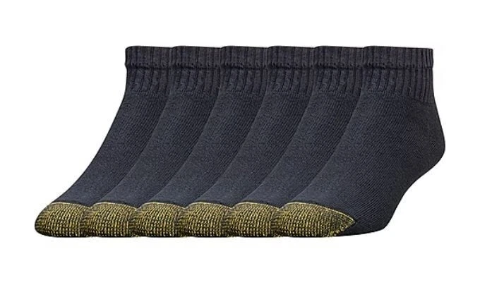 GoldToe Sport Cotton Quarter Ankle Socks 6 Pair Pack Black Men's Size 6-12.5 New