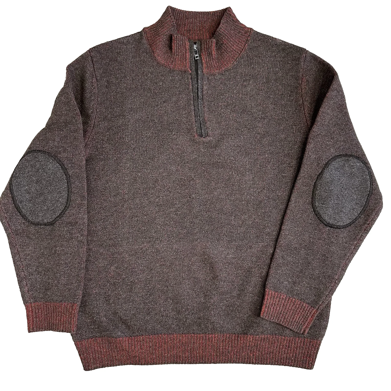 James Tattersall Pullover Sweater 1/4 Zip Mens XL Brown Wool Blend Elbow Patches