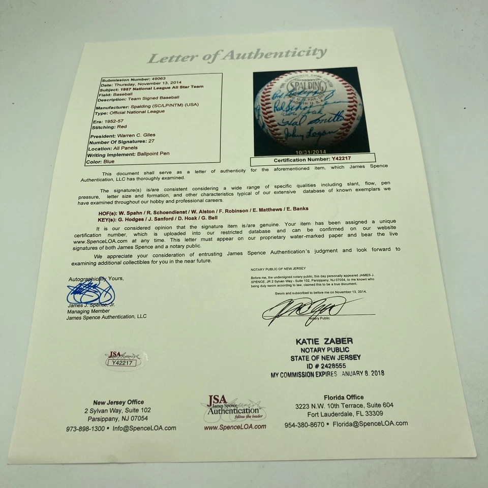 1957 All Star Game Team Signed National League Baseball Ernie Banks JSA COA - Image 3 of 4