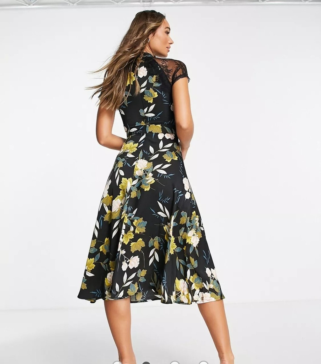 Liquorish NWT Floral & Lace Midi Dress Black Size 4 | eBay