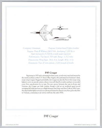 Grumman F9F Cougar Fighter Bomber U.S. Navy Marines c1993 Fellows Ferguson Print - Bild 2 von 5