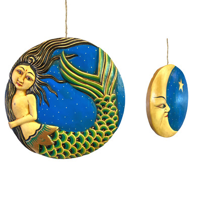 Mermaid in the Moon Hanging Mobile Handmade Carved Wood Boho Decor Bali Folk art