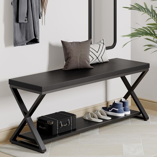 Versatile 47 Inch Black Oak Hallway Bench with Open Shelves for Organized Living - Picture 5 of 11