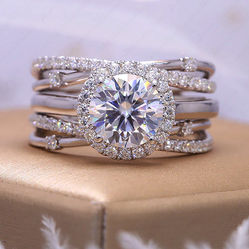 Round Moissanite Halo Pave Trio Set Engagement Ring 14K