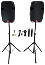 Rockville RAMSYS15 Pair 15" Battery Powered PA Speakers Stands Wireless Mics