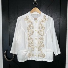 Chico  s 100 Linen Lightweight Boho Beaded Blazer Button Front Jacket Size 2 L 