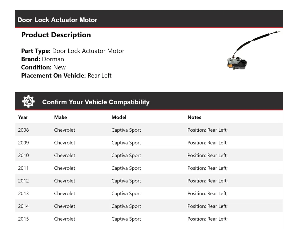 Actuador de cerradura de puerta trasero izquierdo Chevrolet Captiva Sport Dorman 2008-2015 Foto 2 de 4