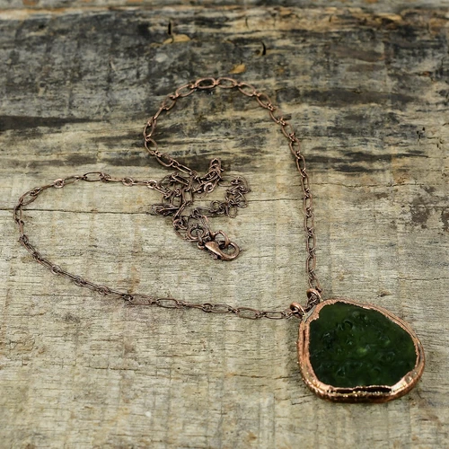 Moldavite Gemstone Electroformed Pendant Copper Handmade Jewelry For Women 1.65" - product listing photo
