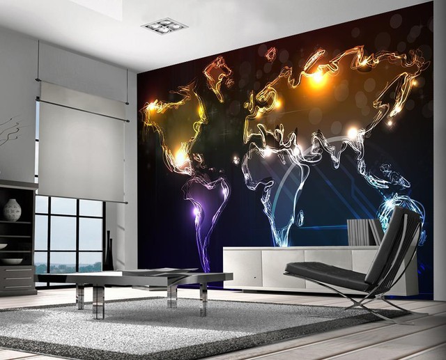 Abstract Neon World Map Photo Wallpaper Woven Self-Adhesive Wall Mural Art M129