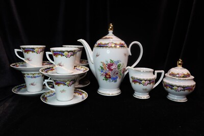 RARE LG PORCELAINE T LIMOGES ROSES SWAGS GOLD SCROLLS 15 PIECE COFFEE SERVICE