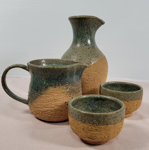 4 Piece Handcrafted Pottery Pitcher Decanter , Creamer and 2 small cups Set - Picture 2 of 6