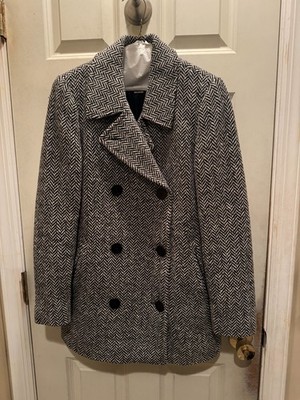 LL Bean Pea Coat Women's Regular Size 6 B&W Herringbone Over Coat Used