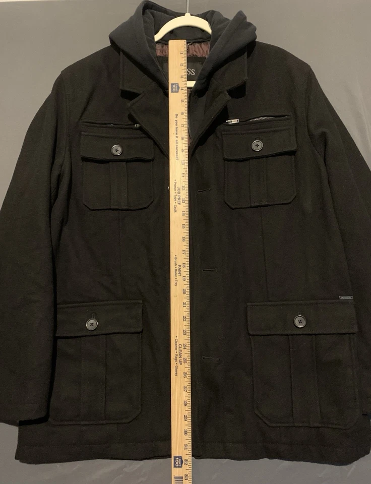 GUESS Heavyweight Pea Coat Mens XL Black Wool Blend with Removable Hood Utility - Image 4 of 4