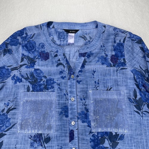 Ali Miles Lagenlook Top Floral Chambray Sequins Roll Up Tab Sleeves Sz Large - Picture 5 of 13