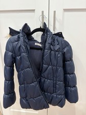 H M Girls' Navy Blue Puffer Jacket Faux Fur Hood Polyester Zip Winter Fall 8-9Y