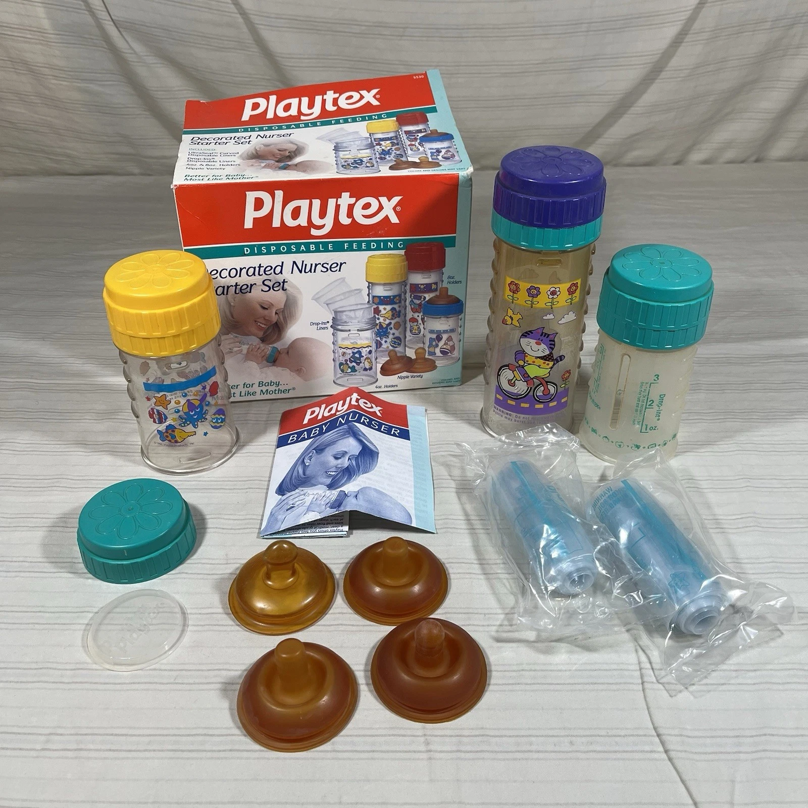 90s Playtex Drop-Ins Decorated Baby Nurser Starter Set Nipples Liner 3 Bottles