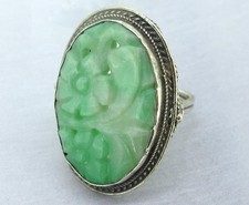 Vintage Natural Carved Floral Jade Ring In Sterling Silver Size 5