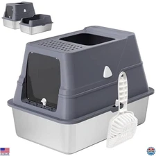 XL Stainless Steel Enclosed Cat Litter Box with Lid, High Wall & Scoop, Large