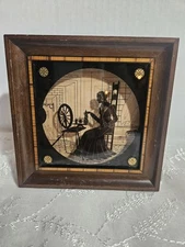 Antique Reverse Painted C & A Richards "Lady Framed Silhouette 5” Seamstress 