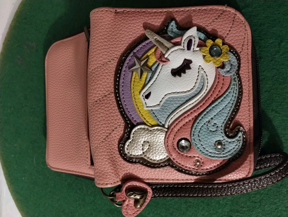 CHALA Rosa Muy Colorido Unicornio Muñequera Cremallera Alrededor Billetera Cuero Sintético En Bueno Foto 2 de 4