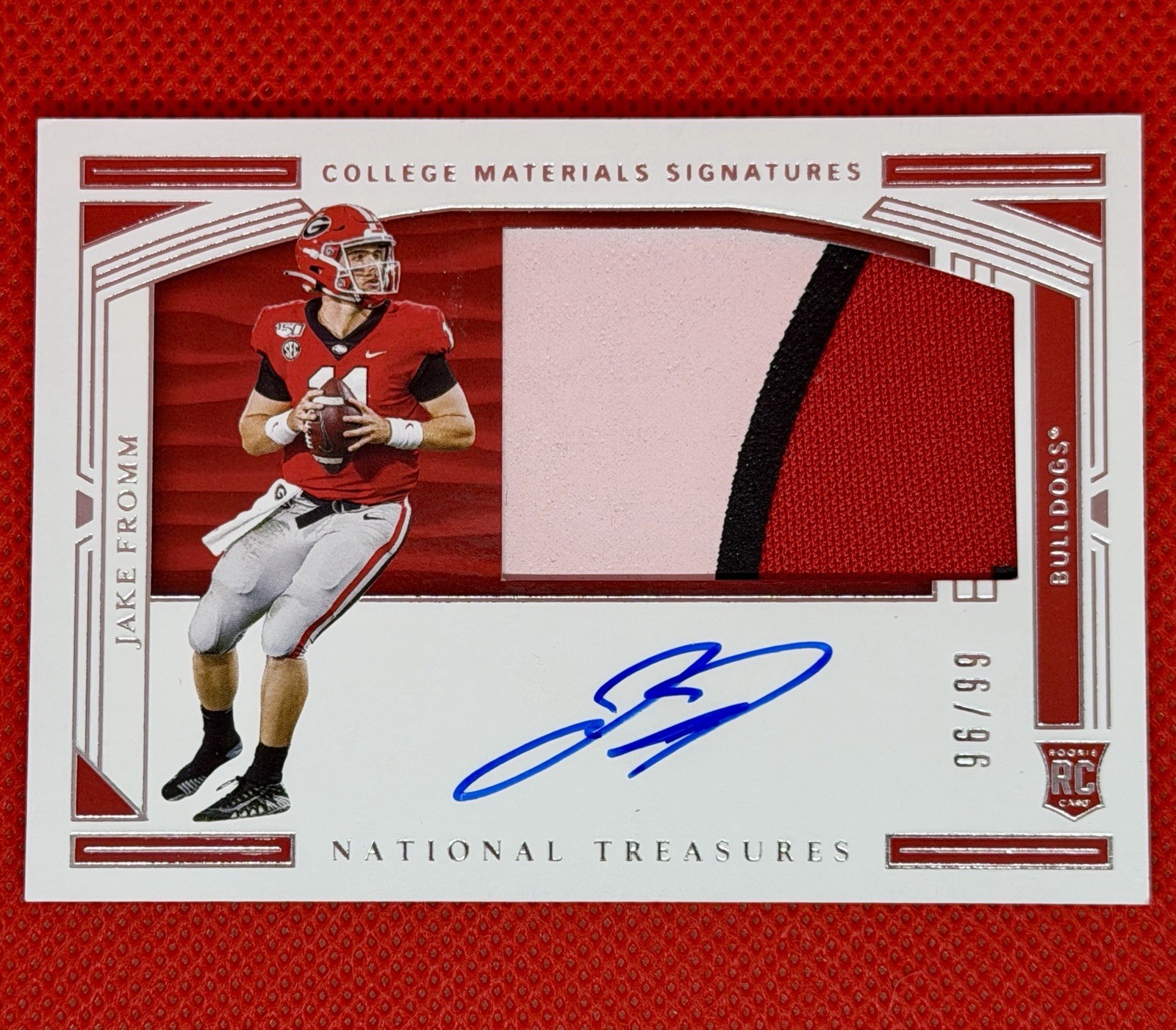 2020 National Treasures Collegiate Jake Fromm RC Patch Auto /99 On Card 96/99 view 3