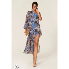Alexis Abanna Dress One Shoulder Floral Maxi Dress Ruffle Asymmetrical Blue XL