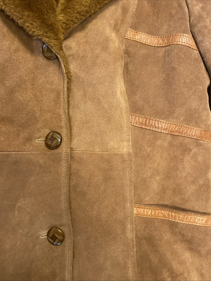 Abrigo Chaqueta de Cuero Ms Pioneer Años 70 Cuello de Piel Sintética Boho Hippie Western L/XL Foto 2 de 4